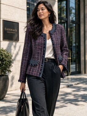 Trina Turk Tweed Jacket Multicolor Fringe Size 12 Career Chic Blazer Quiet Luxe